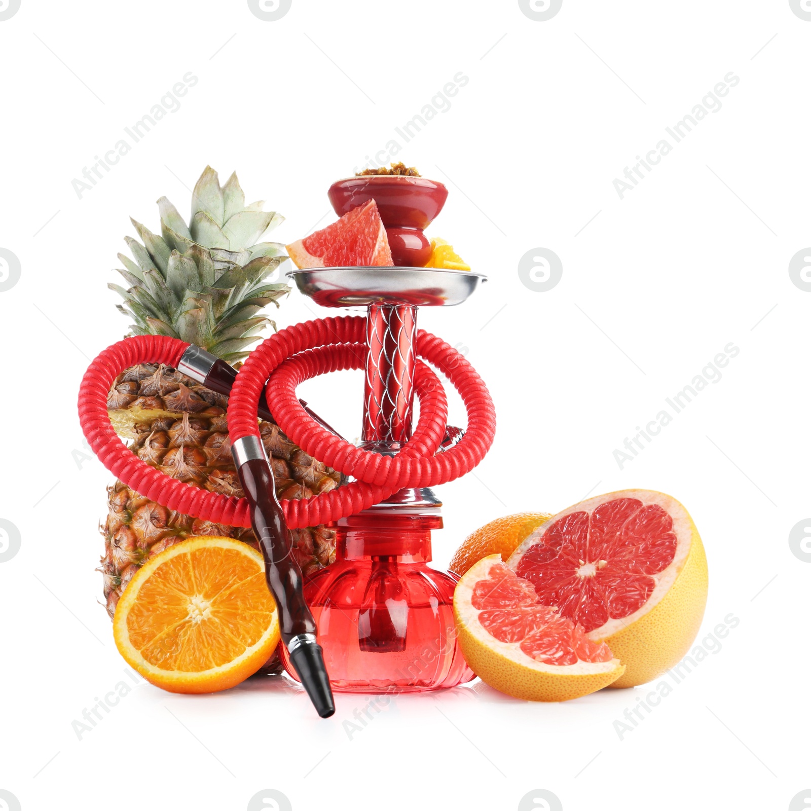 Photo of Hookah with different fruits isolated on white
