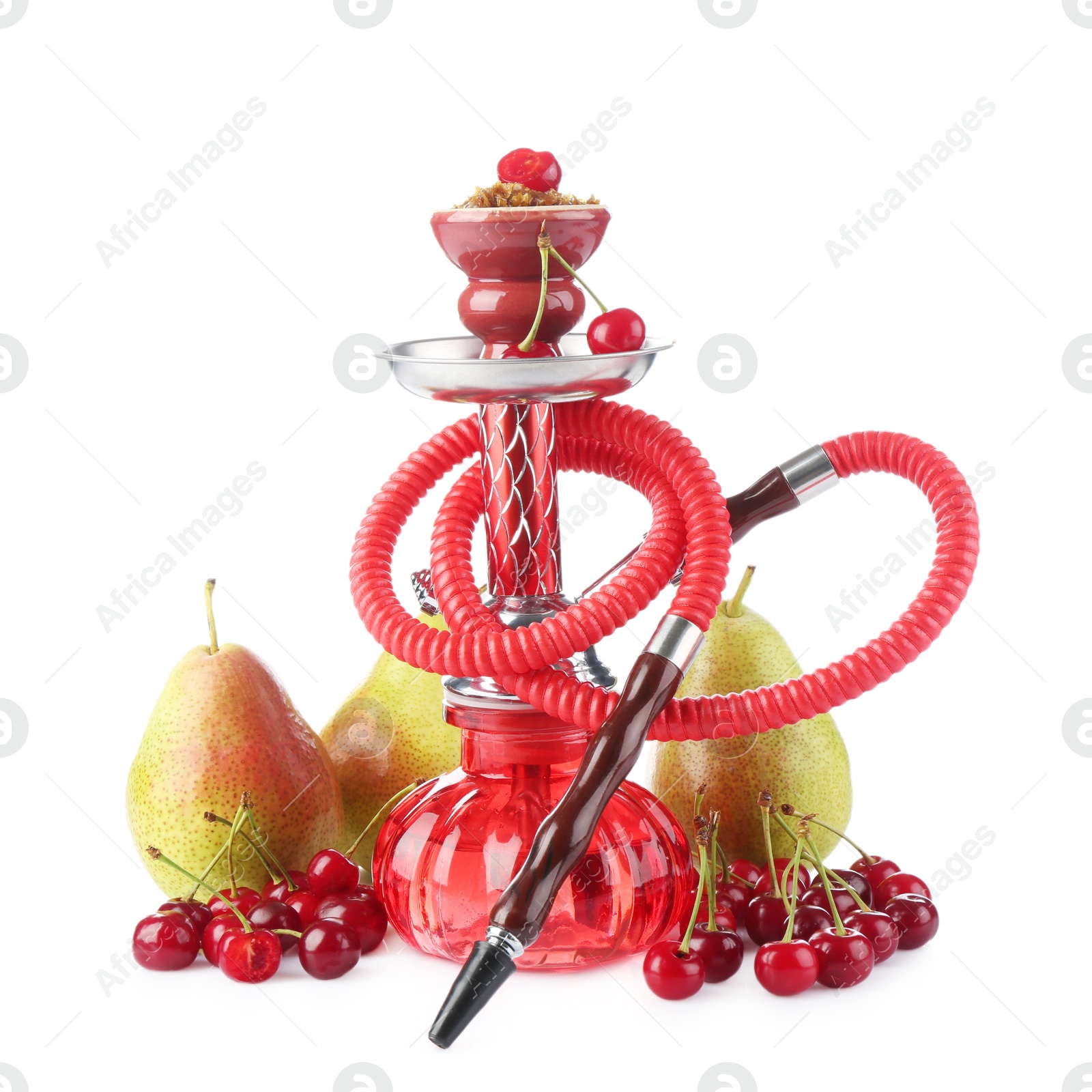 Photo of Hookah with different fruits isolated on white