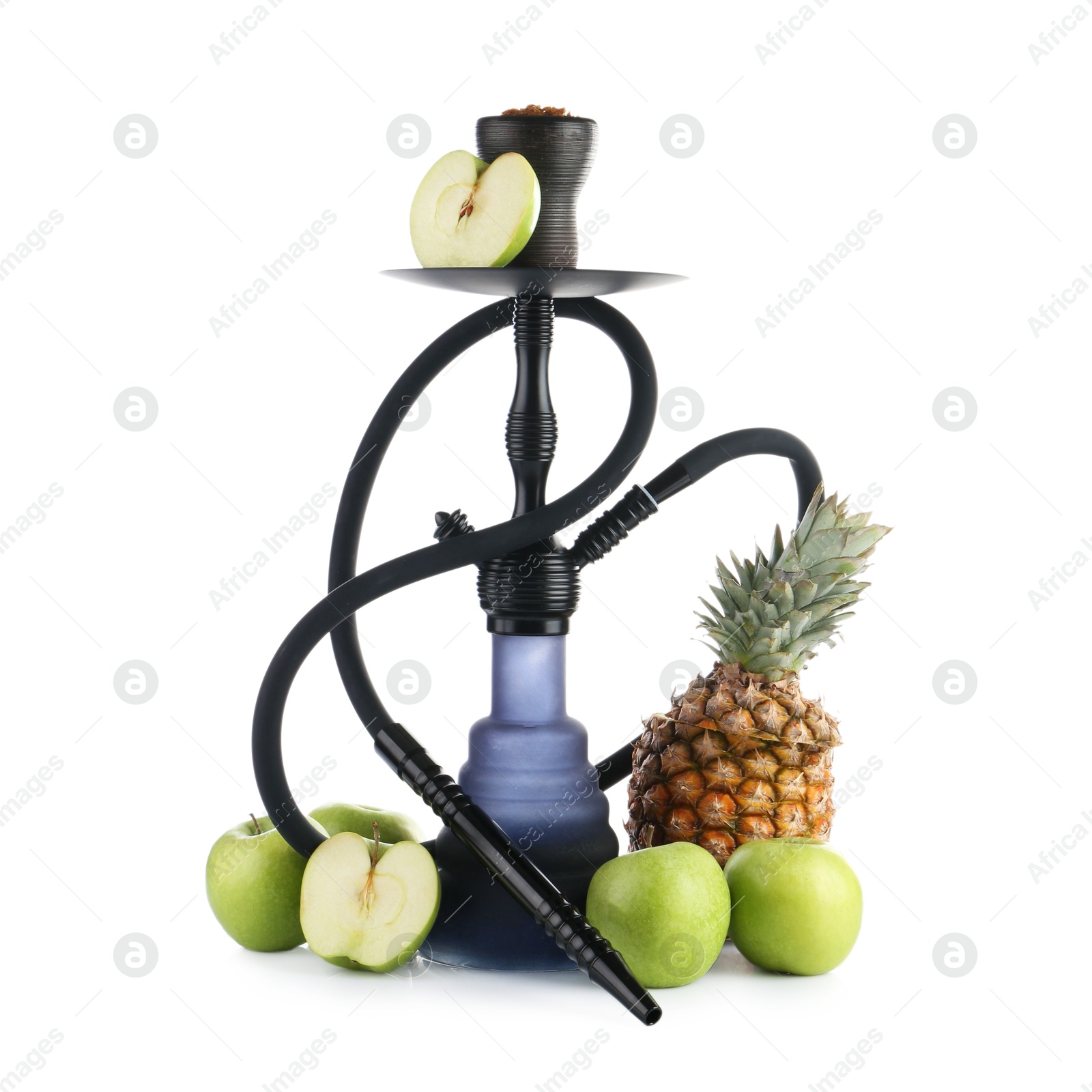Hookah with different fruits isolated on white Photo of Hookah with different fruits isolated on white