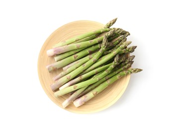Photo of Fresh raw asparagus spears isolated on white, top view