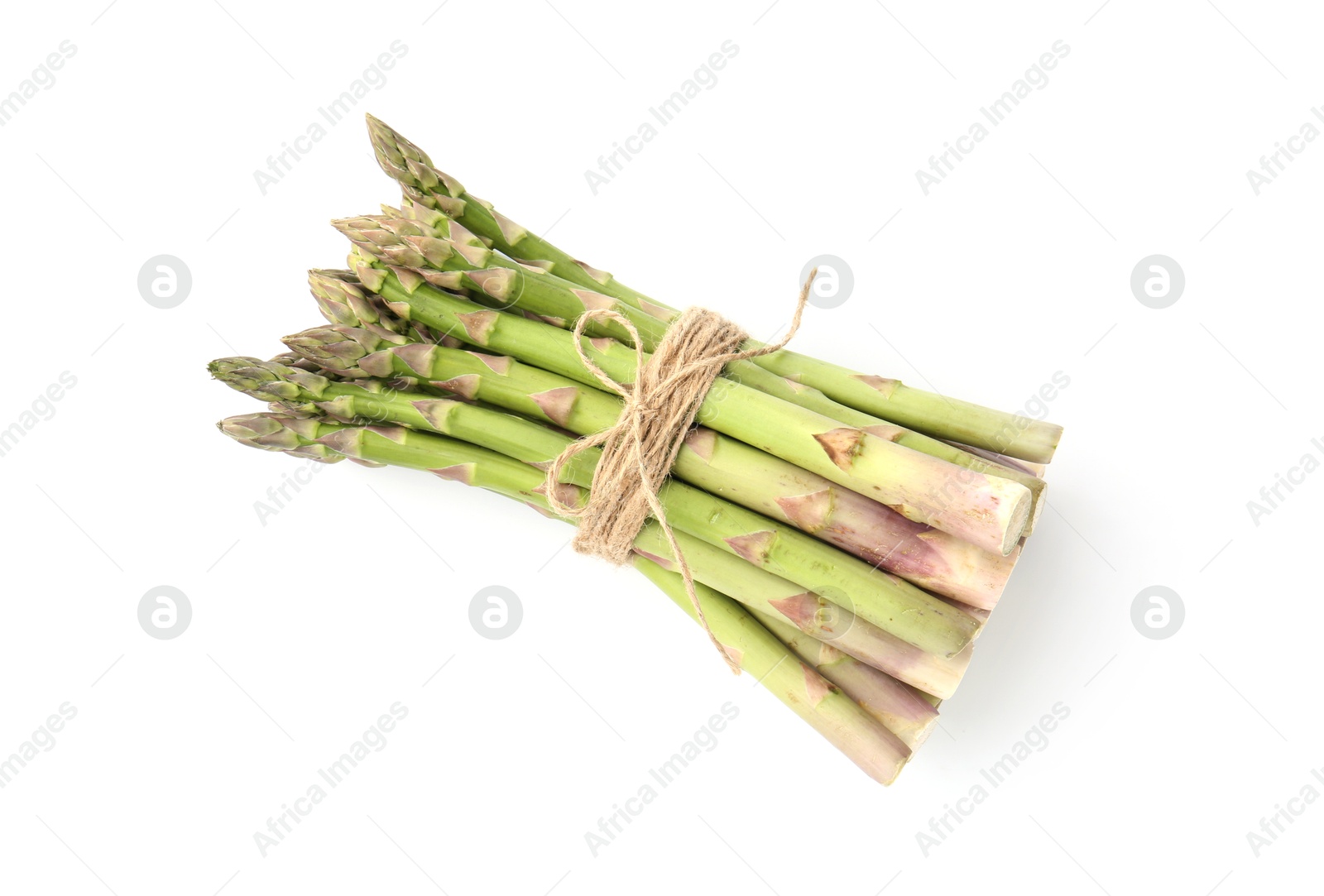Bunch of fresh raw asparagus spears isolated on white, top view Photo of Bunch of fresh raw asparagus spears isolated on white, top view