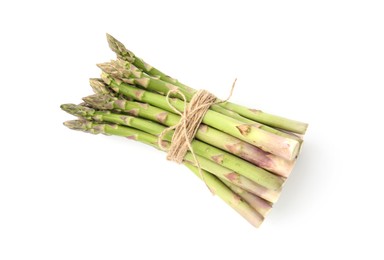 Photo of Bunch of fresh raw asparagus spears isolated on white, top view