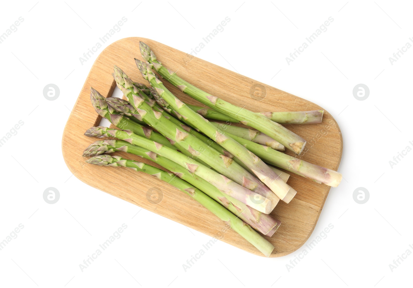 Photo of Fresh raw asparagus spears isolated on white, top view