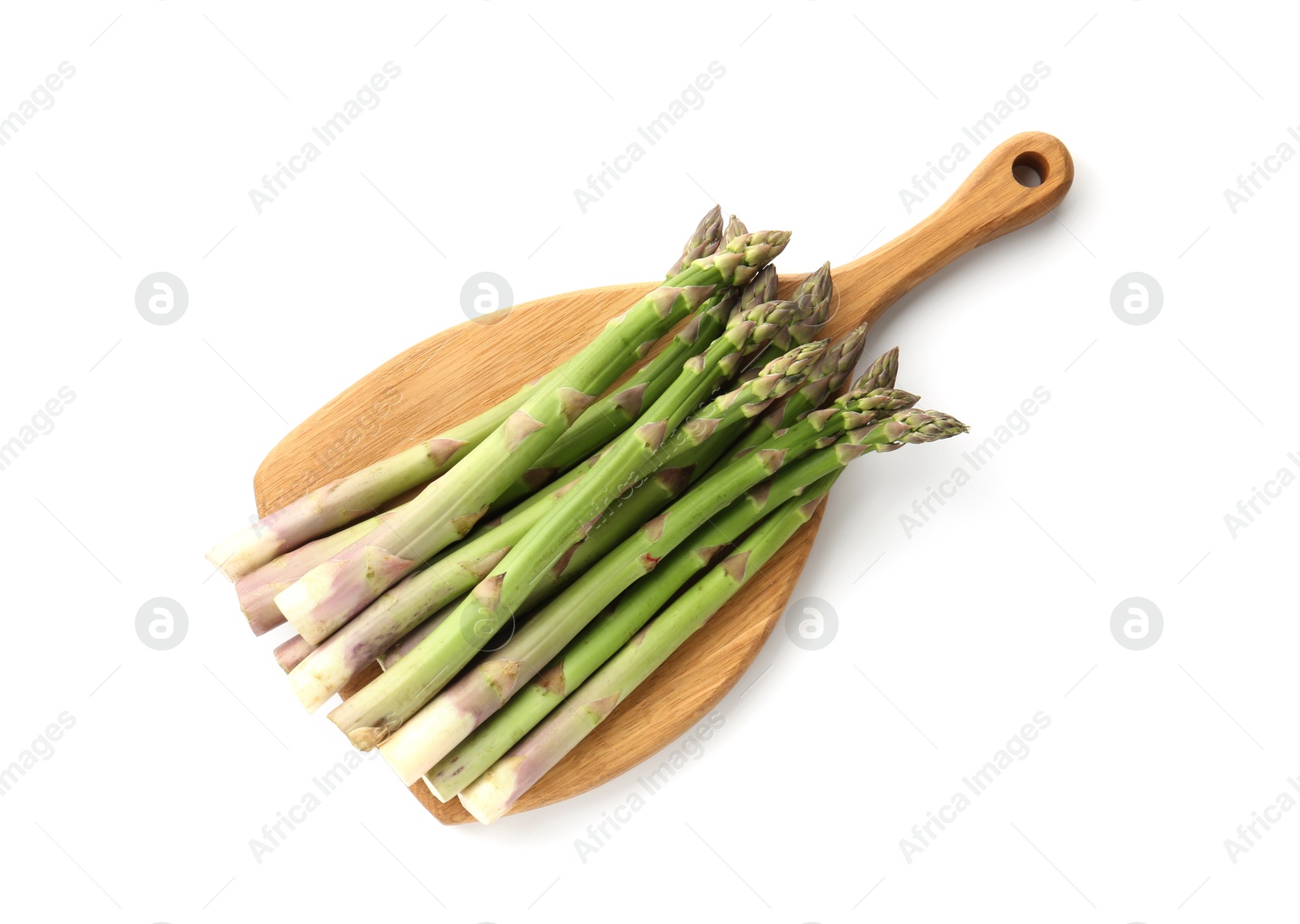 Fresh raw asparagus spears isolated on white, top view Photo of Fresh raw asparagus spears isolated on white, top view