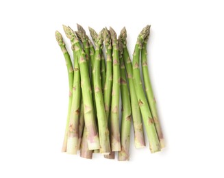 Photo of Fresh raw asparagus spears isolated on white, top view