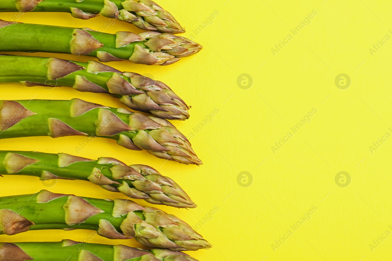 Fresh ripe raw asparagus on yellow background, flat lay. Space for text Photo of Fresh ripe raw asparagus on yellow background, flat lay. Space for text