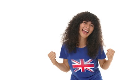 Image of Excited fan with flag of United Kingdom on her t-shirt against white background. Space for text