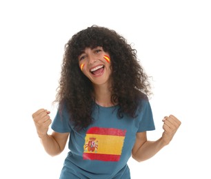 Image of Excited fan with flag of Spain on her t-shirt against white background