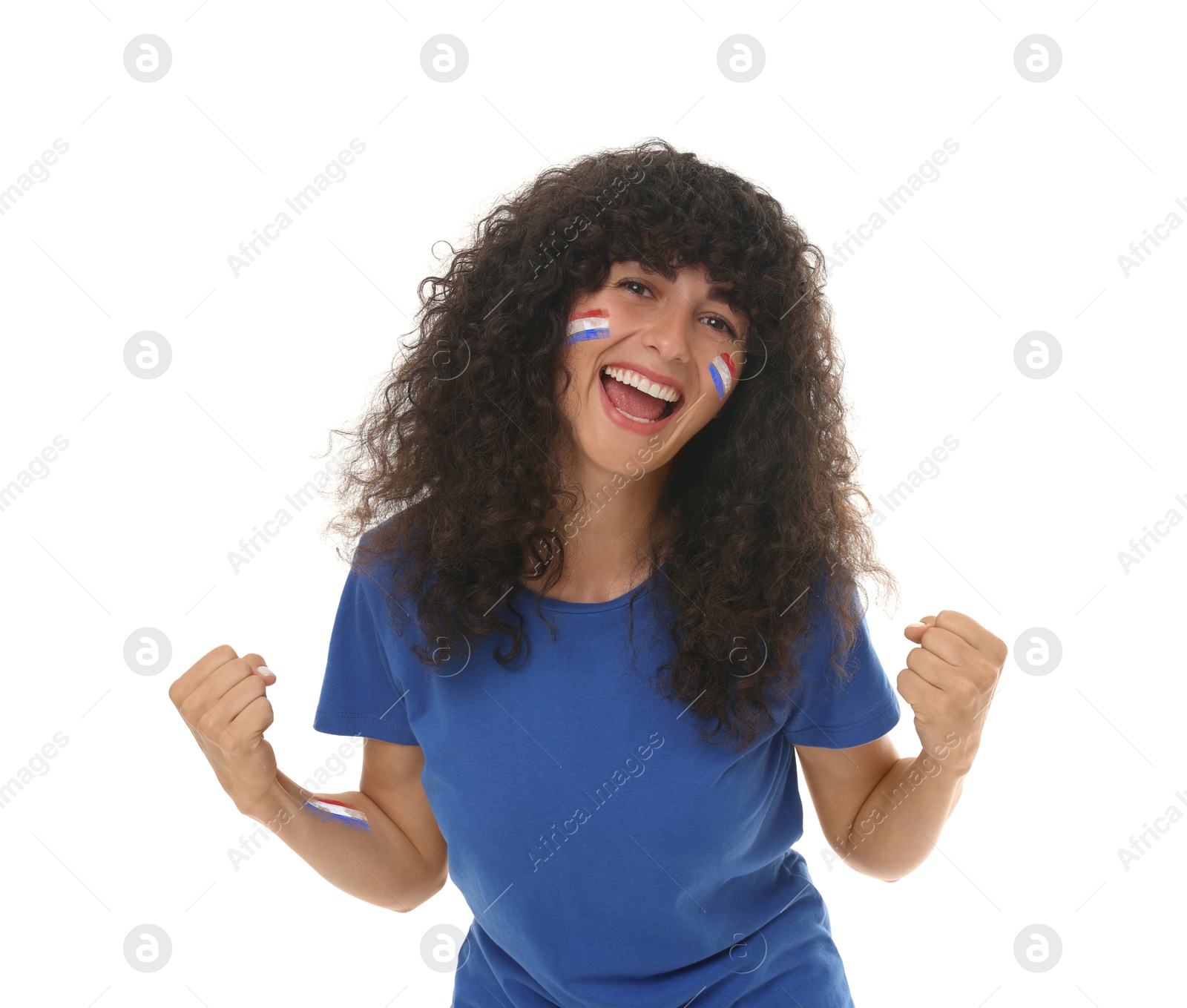 Excited fan with flags of Netherlands painted on her body against white background Image of Excited fan with flags of Netherlands painted on her body against white background