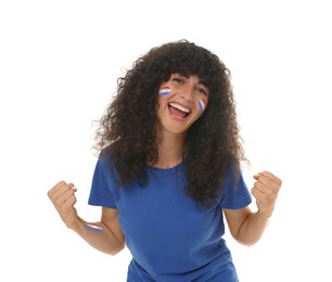 Image of Excited fan with flags of Netherlands painted on her body against white background