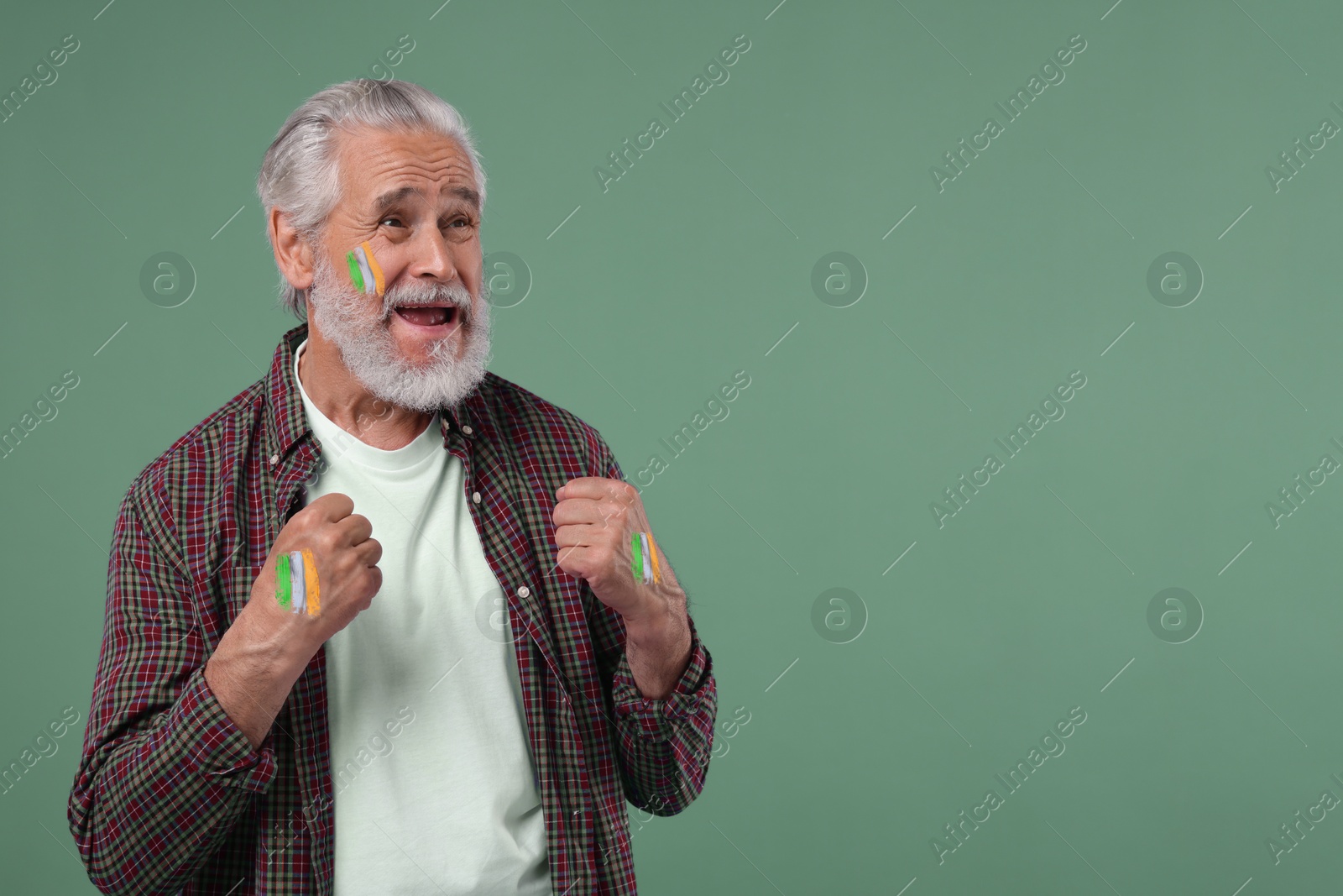Excited fan with flags of Ireland painted on his body against sage color background. Space for text Image of Excited fan with flags of Ireland painted on his body against sage color background. Space for text
