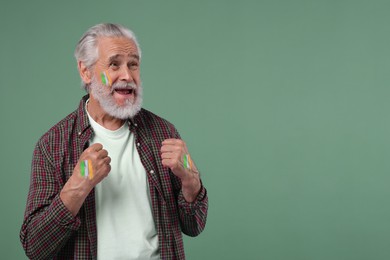 Image of Excited fan with flags of Ireland painted on his body against sage color background. Space for text