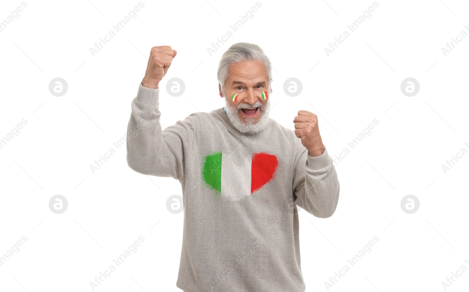 Excited fan with flags of Italy on his face and sweater against white background. Banner design Image of Excited fan with flags of Italy on his face and sweater against white background. Banner design
