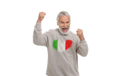 Image of Excited fan with flags of Italy on his face and sweater against white background. Banner design