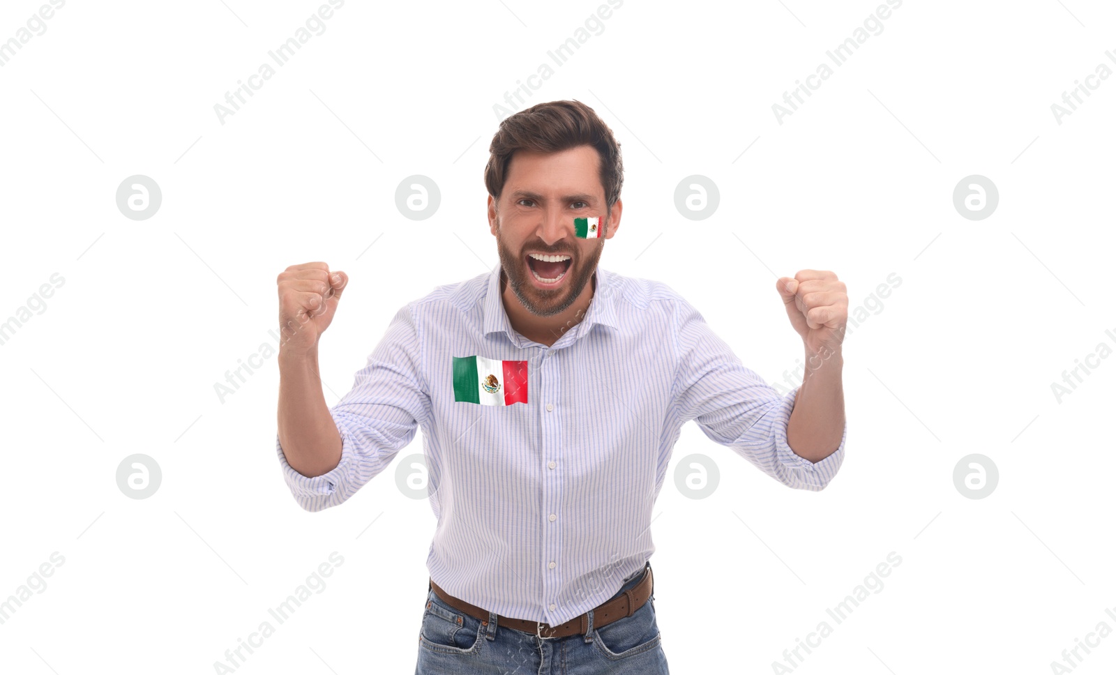 Excited fan with flags of Mexico on his face and shirt against white background. Banner design Image of Excited fan with flags of Mexico on his face and shirt against white background. Banner design
