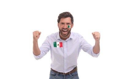 Image of Excited fan with flags of Mexico on his face and shirt against white background. Banner design