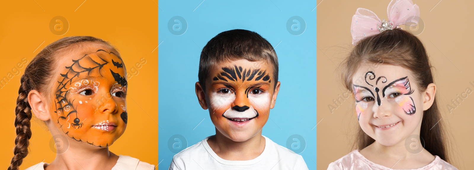 Cute children with face paintings on color backgrounds, collage of photos Image of Cute children with face paintings on color backgrounds, collage of photos