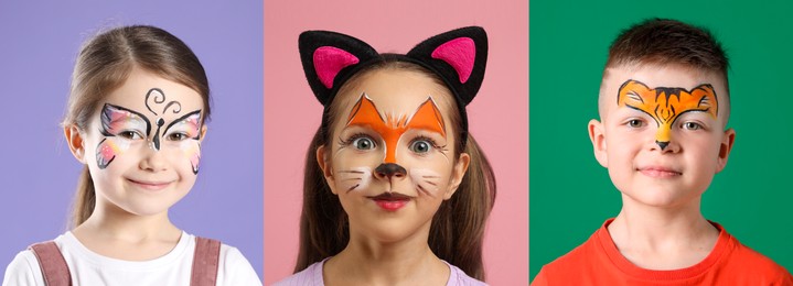 Image of Cute children with face paintings on color backgrounds, collage of photos
