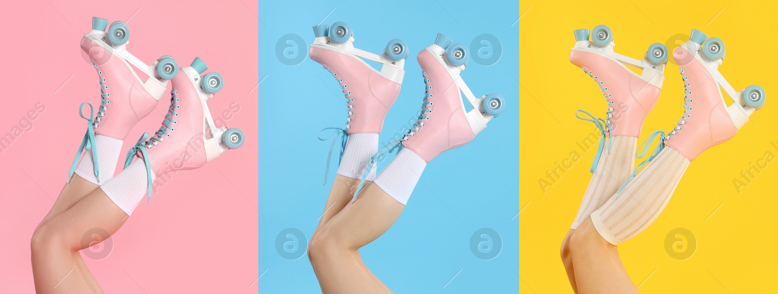 Image of Women in retro roller skates on color backgrounds, closeup. Collage of photos