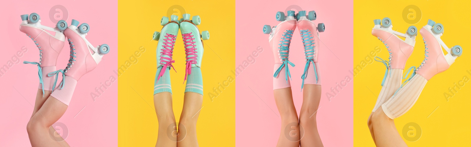Image of Women in retro roller skates on color backgrounds, closeup. Collage of photos