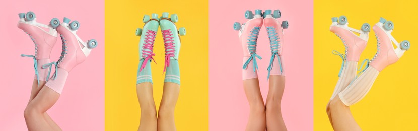 Image of Women in retro roller skates on color backgrounds, closeup. Collage of photos