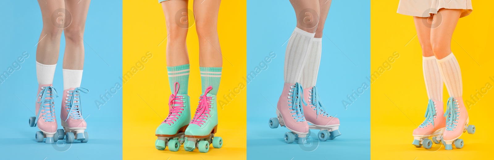 Image of Women in retro roller skates on color backgrounds, closeup. Collage of photos