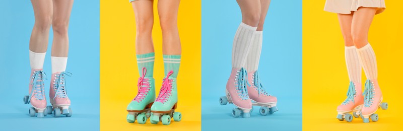 Image of Women in retro roller skates on color backgrounds, closeup. Collage of photos