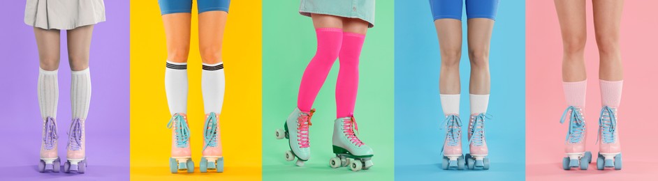 Image of Women in retro roller skates on color backgrounds, closeup. Collage of photos
