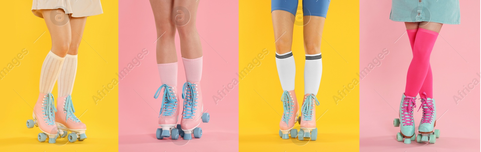 Image of Women in retro roller skates on color backgrounds, closeup. Collage of photos