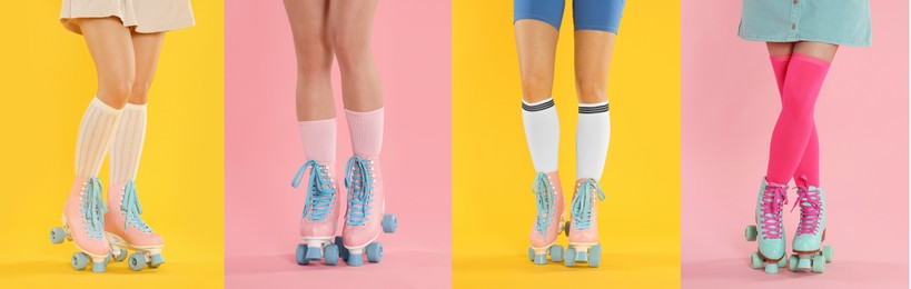 Image of Women in retro roller skates on color backgrounds, closeup. Collage of photos