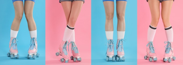 Image of Women in retro roller skates on color backgrounds, closeup. Collage of photos