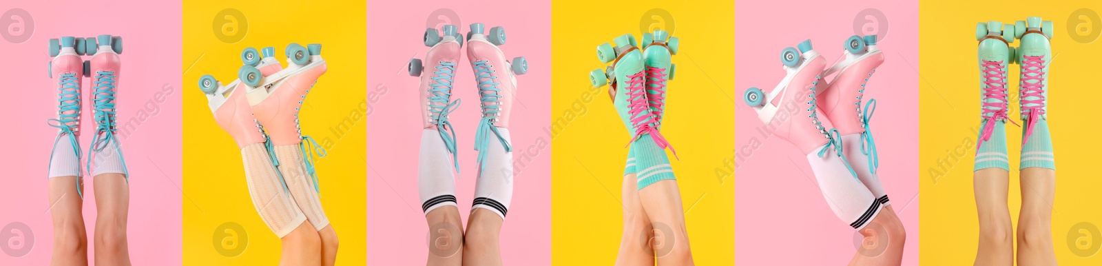 Image of Women in retro roller skates on color backgrounds, closeup. Collage of photos