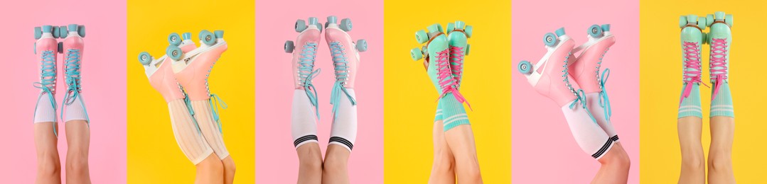 Image of Women in retro roller skates on color backgrounds, closeup. Collage of photos