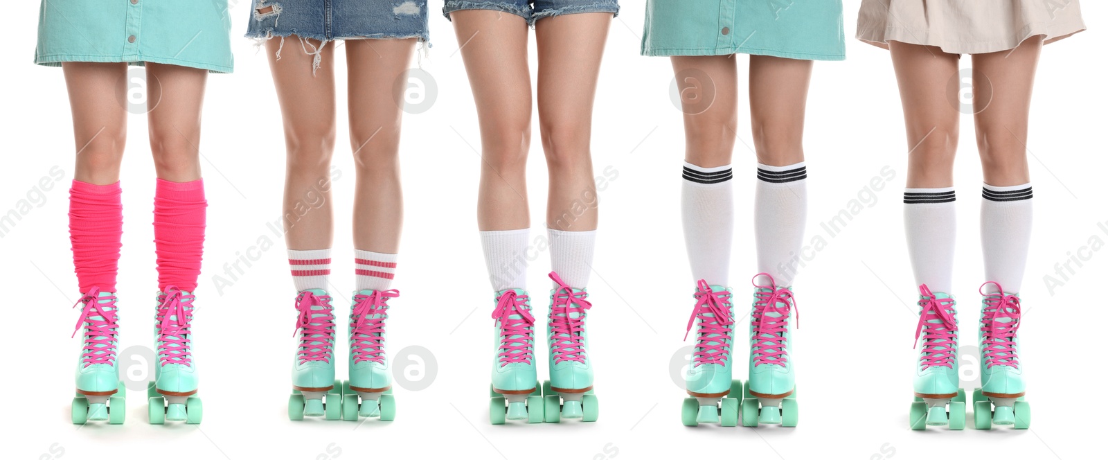 Image of Women in retro roller skates on white background, closeup. Collage