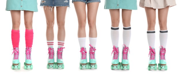 Image of Women in retro roller skates on white background, closeup. Collage