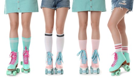 Image of Women in retro roller skates on white background, closeup. Collage