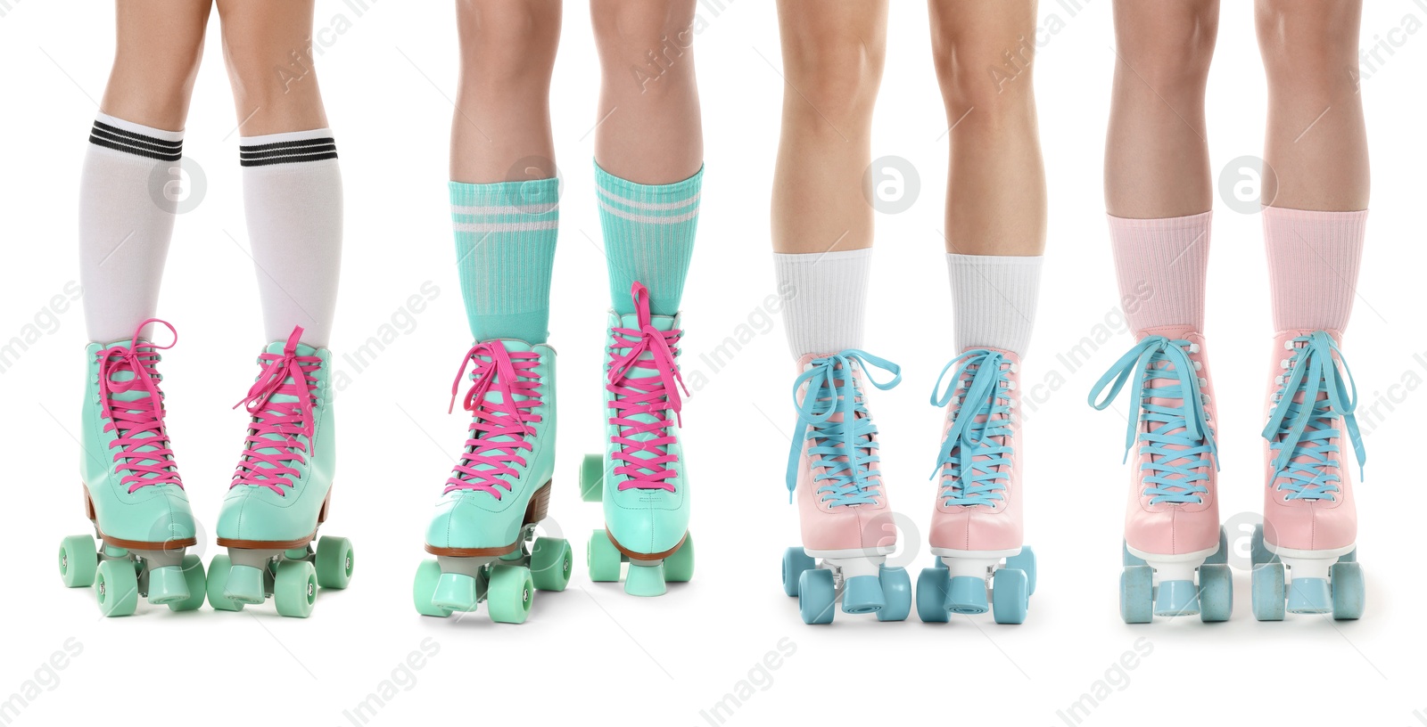 Image of Women in retro roller skates on white background, closeup. Collage