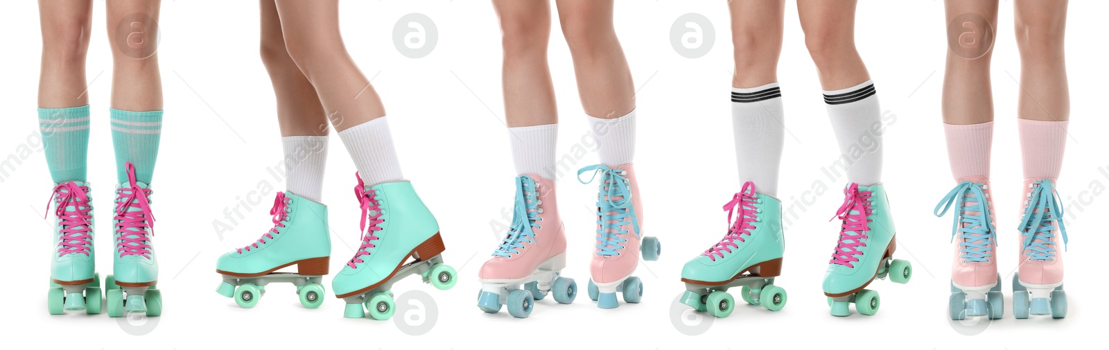 Image of Women in retro roller skates on white background, closeup. Collage
