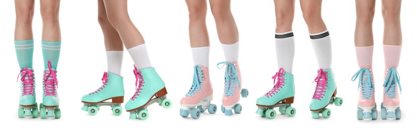 Image of Women in retro roller skates on white background, closeup. Collage