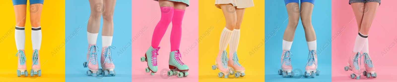 Image of Women in retro roller skates on color backgrounds, closeup. Collage of photos