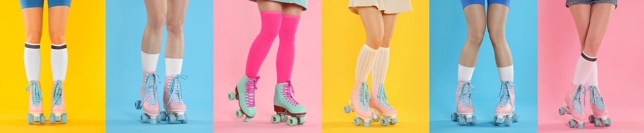 Image of Women in retro roller skates on color backgrounds, closeup. Collage of photos