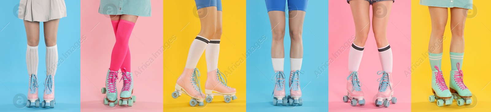 Image of Women in retro roller skates on color backgrounds, closeup. Collage of photos