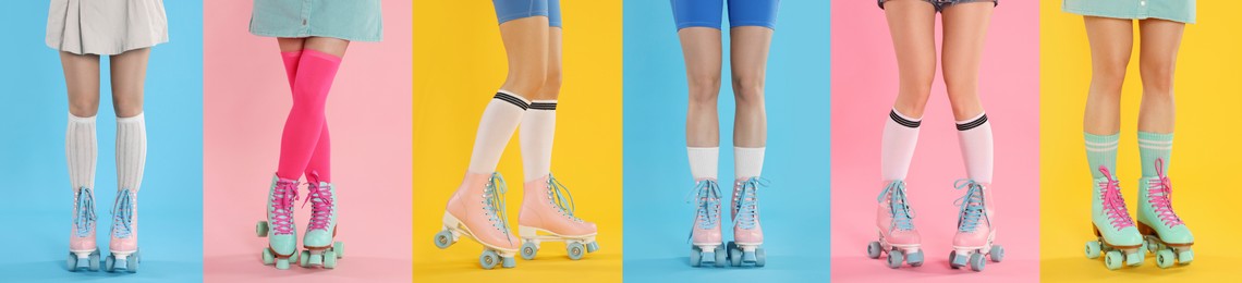 Image of Women in retro roller skates on color backgrounds, closeup. Collage of photos