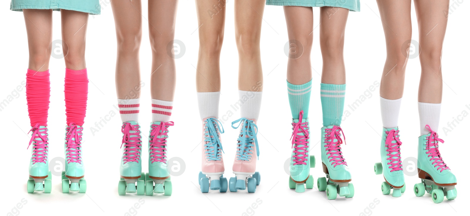 Image of Women in retro roller skates on white background, closeup. Collage