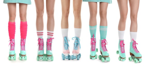 Image of Women in retro roller skates on white background, closeup. Collage