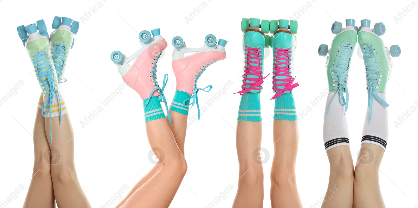 Image of Women in retro roller skates on white background, closeup. Collage