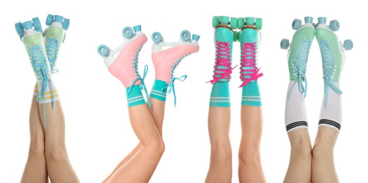 Image of Women in retro roller skates on white background, closeup. Collage