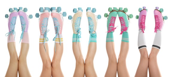 Image of Women in retro roller skates on white background, closeup. Collage