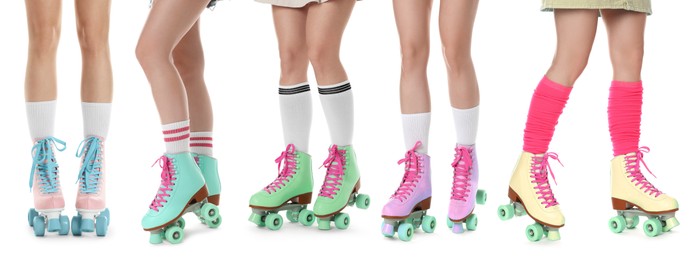 Image of Women in retro roller skates on white background, closeup. Collage