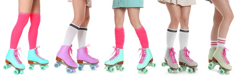 Image of Women in retro roller skates on white background, closeup. Collage